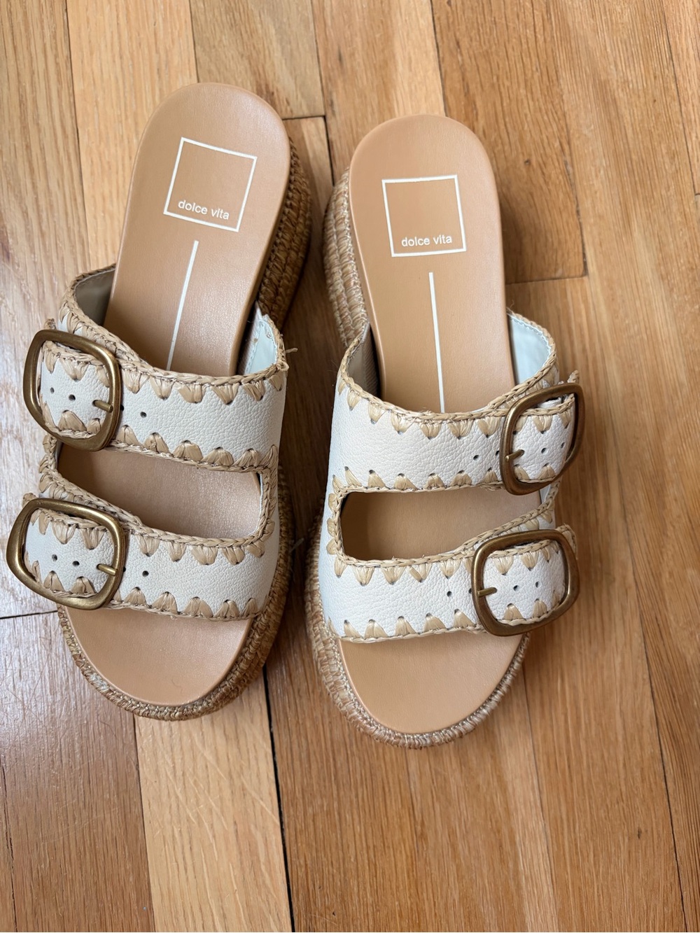 Dolce Vita Cream Espadrille Platform Slide Sandals with Gold Buckles - Picture 3 of 4